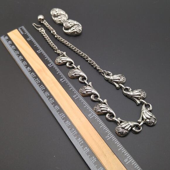 Vintage Floral Choker Necklace Clip Earrings Set, Silver Tone, 15 1/2 In & 1 In - Picture 5 of 10